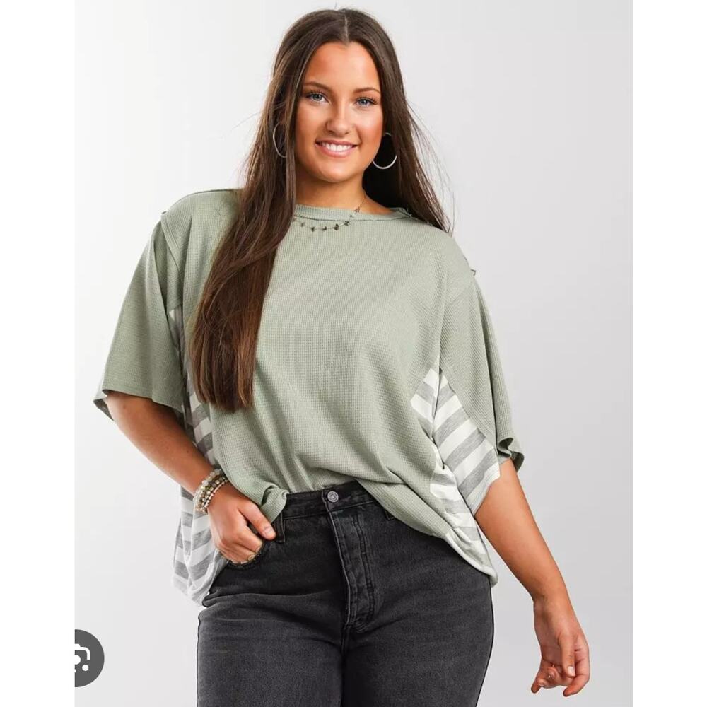 BKE Oversized Sage Green Boho MInimalist Pieced Waffle Knit Top Women’s Size XL